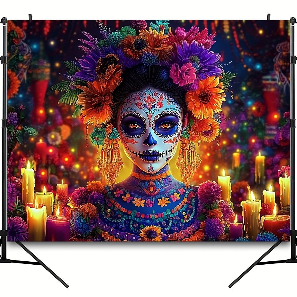 Ein lebendiges Polyester-Zuckerschädel-Wandteppich, in großer Größe von 59x51 Zoll, für ein mexikanisches Festivalzyc