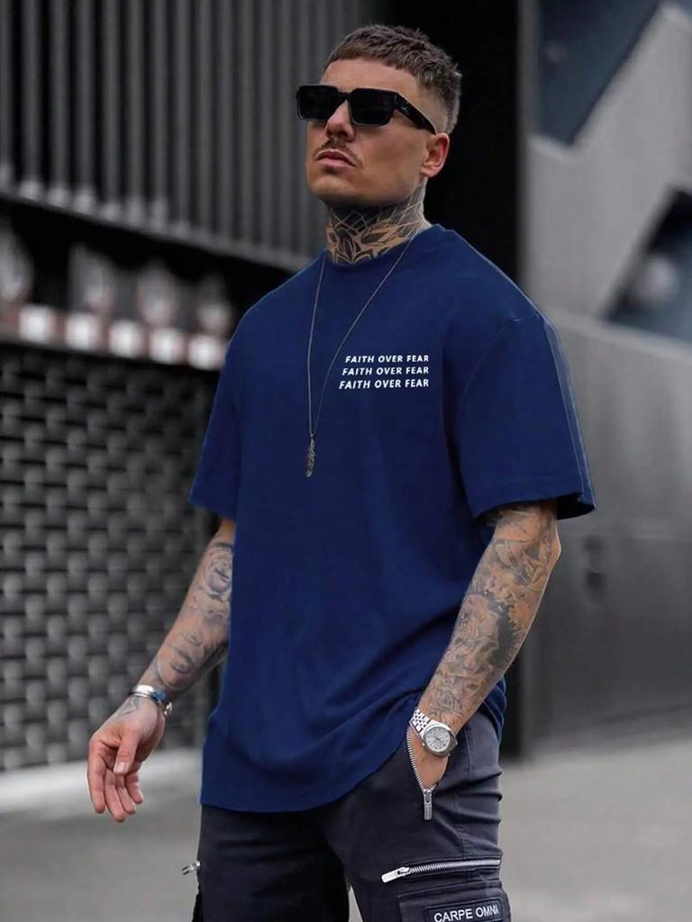 Faith Over Fear Positive Energy Letter Graphic Tshirts Men Fashion Cotton T-Shirts Summer Loose Tee Clothes Breathable Soft Tops