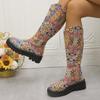 Vintage Floral Pattern Platform Long Boots  Women Fashion Show Style Slip-on Female Mid-Calf Boots Casual Large Size 43 Booties