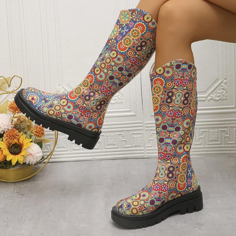 Vintage Floral Pattern Platform Long Boots  Women Fashion Show Style Slip-on Female Mid-Calf Boots Casual Large Size 43 Booties