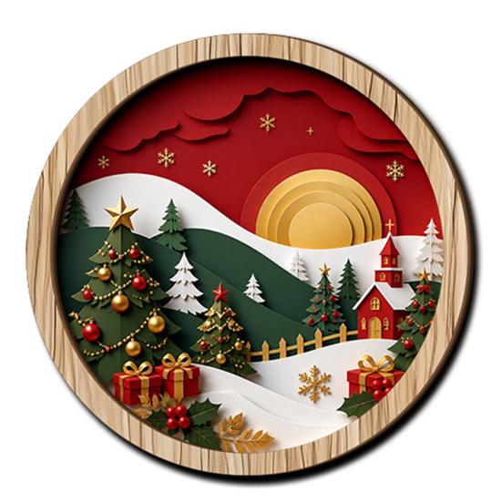 Multi Layered Wood Wall Sculpture Round Wooden Winter Mountain Art with 3D Snow Scenery for Holiday Handcrafted View Decor Home Decor, Rustic