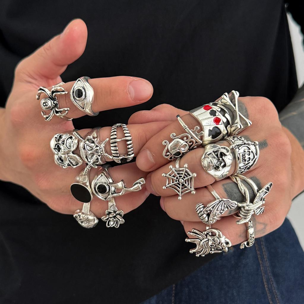 Ingemark Halloween Goth Skull Spider Snake Rings Set for Men Vintage Silver Color Big Size Rings Unisex Festival Party Jewelry