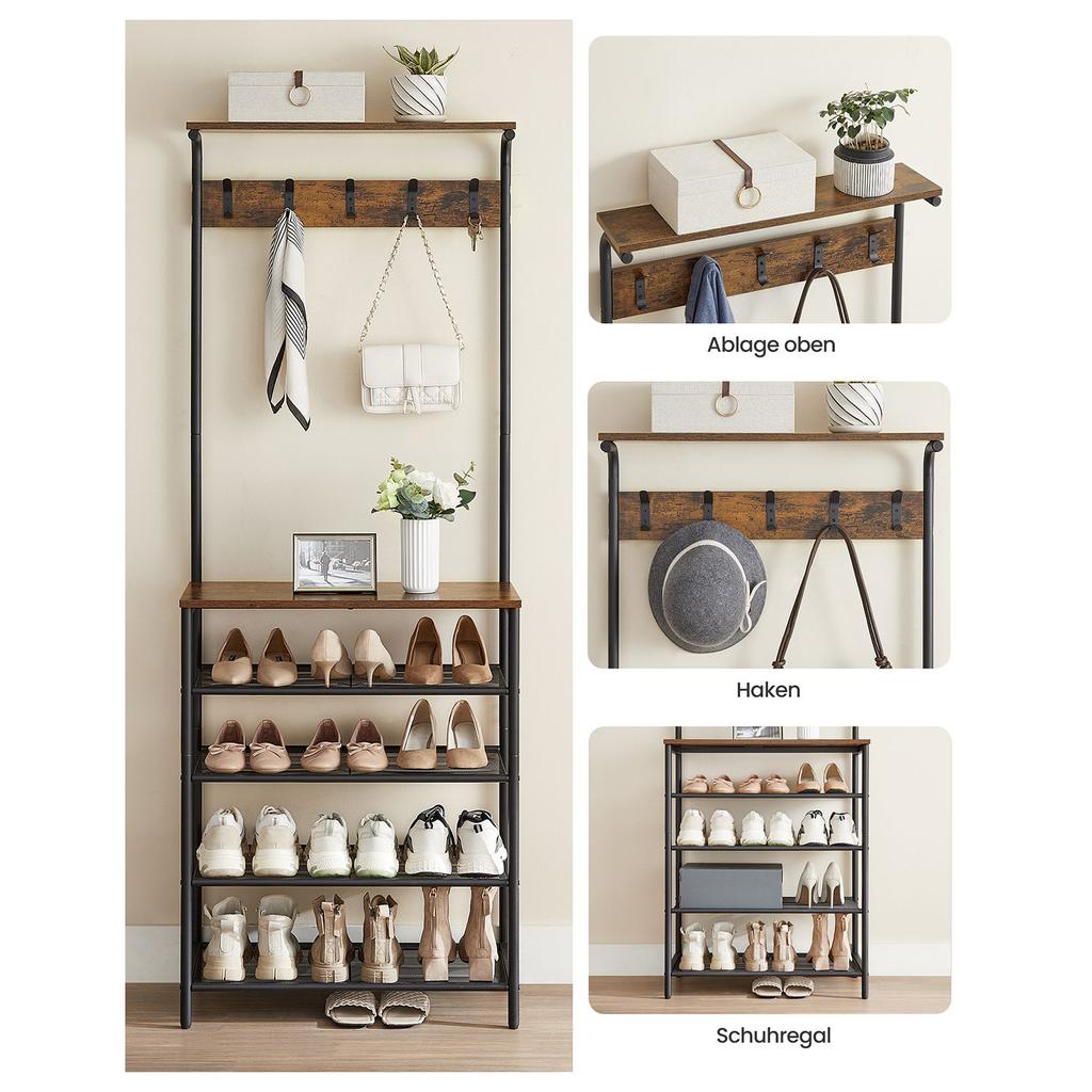 VASAGLE Coat Rack Stand, Industrial, Rustic Brown and Black HSR415B01
