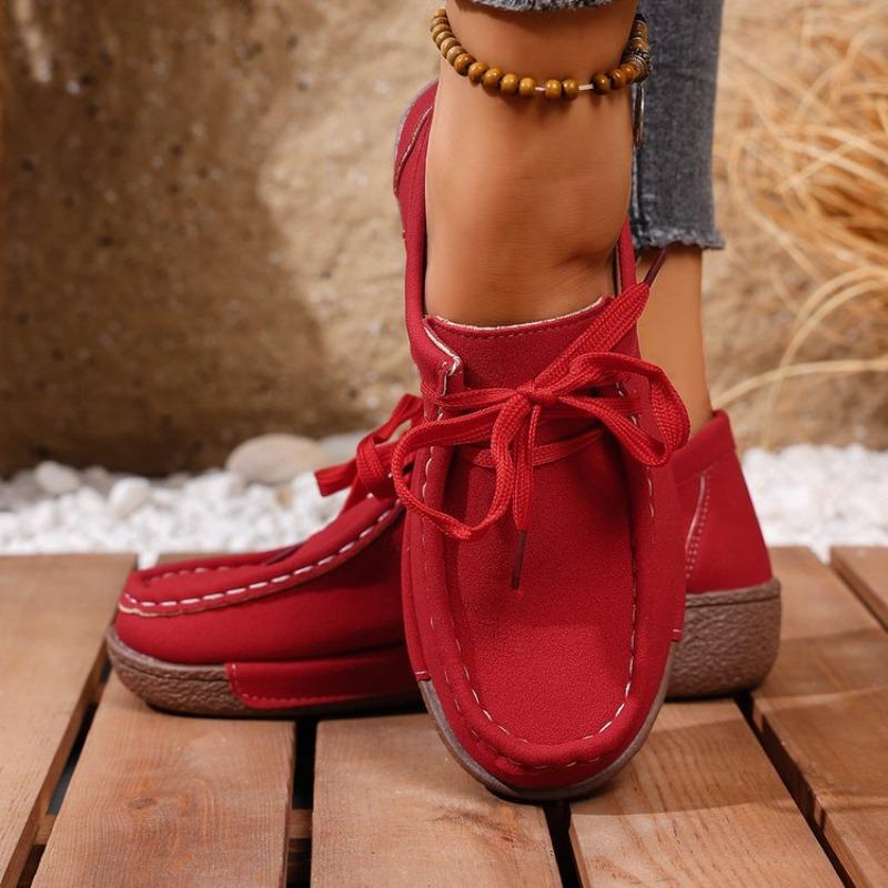 Women Plus Size Red Suede Loafers Spring European American Style Lace Up Casual Rocker Shoes