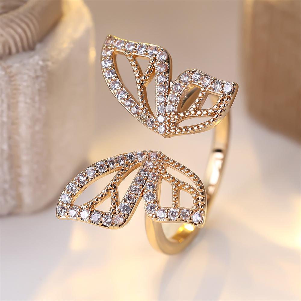 White Zircon Cute Butterfly Opening Rings For Women Vintage Gold Copper Color Engagement Ring Wedding Jewelry Mother'S Day Gifts
