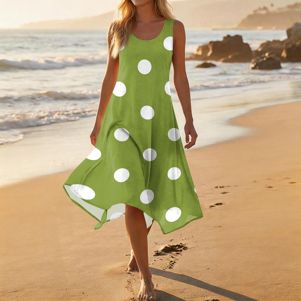Women Sleeveless Casual Dress Round Neck Polka Dot Print Asymmetric Hem Mid-Length Summer Dress Lightweight Comfortable Fabric