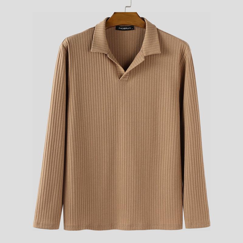 INCERUN Autumn Winter Men Lapel Neck Long Sleeve Casual Texture Rib Pullovers Tops
