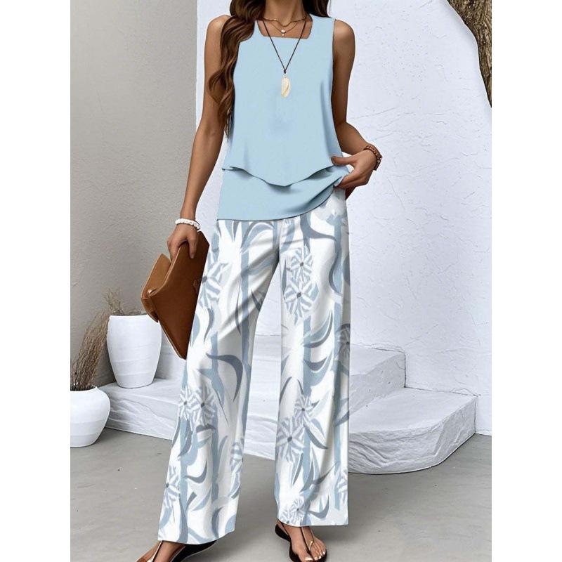 Women's Loose Fit Two Piece Outfit Sleeveless Tank Top High Waist Wide Leg Pants Set With 3D Abstract Print For Casual Summer Daily Wear