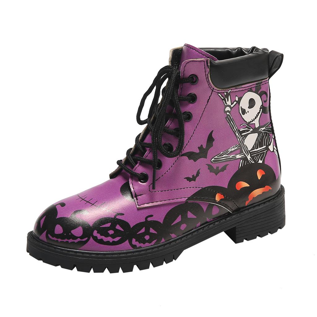 European and American foreign trade large size Halloween printed short leather boots women's round head thick heel front lace-up round head thick heel