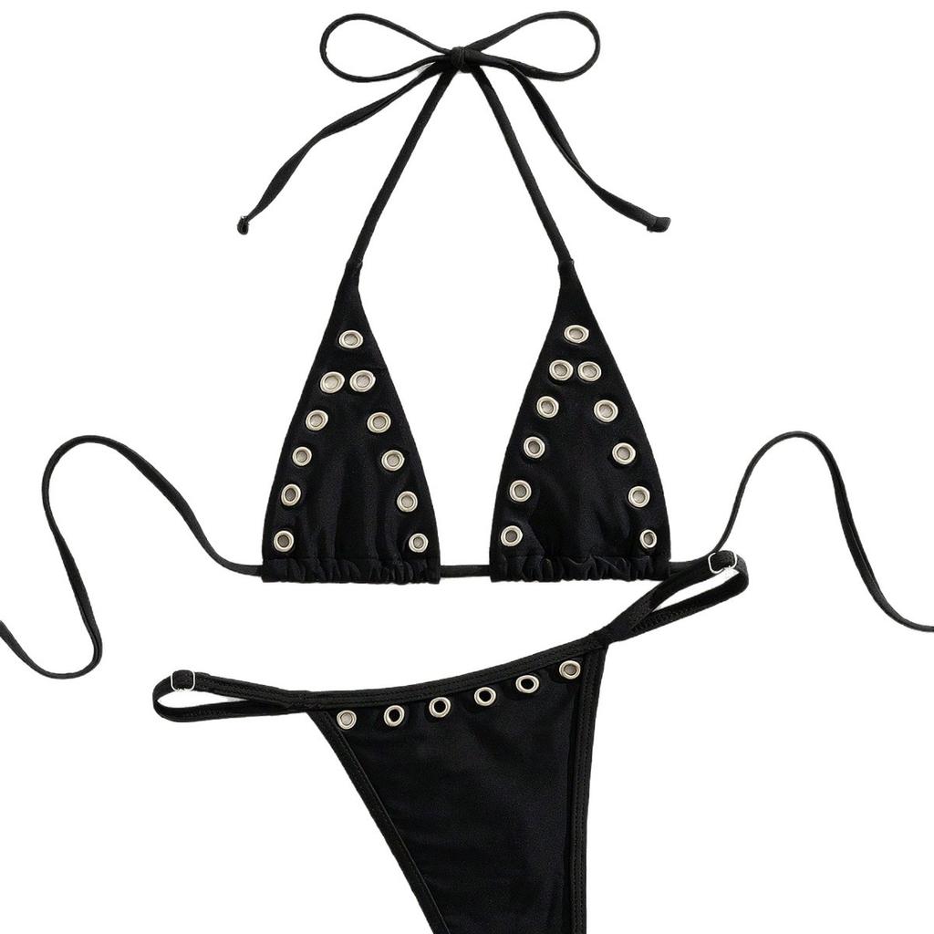 Neuer Bikini modernes Nieten-Schwarzgurt Metall Europäisch und Amerikanisch Sexy Badeanzug Zweiteiliges Set Schwarz