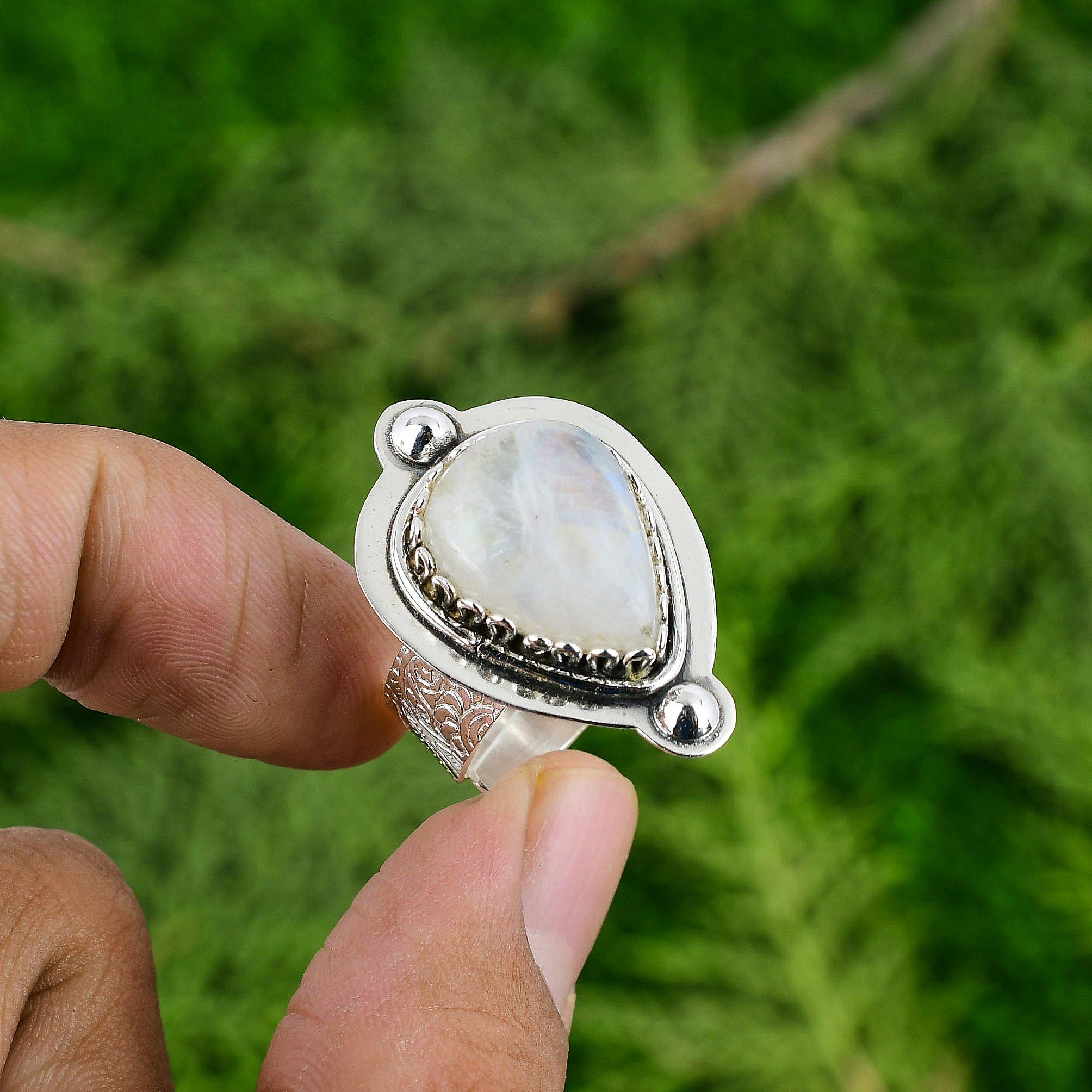 

Pear Natural Rainbow Moonstone 925 Sterling Silver Mother Statement Bezel Ring Adjustable