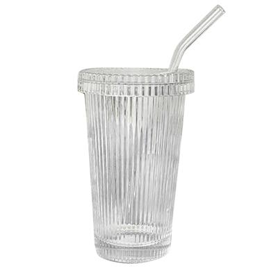 Coffee Mugs Milk Cup Glass Material Striped Glass Cup with Straw Drinking Cup Juice Cup Glass Material for Any Occasion