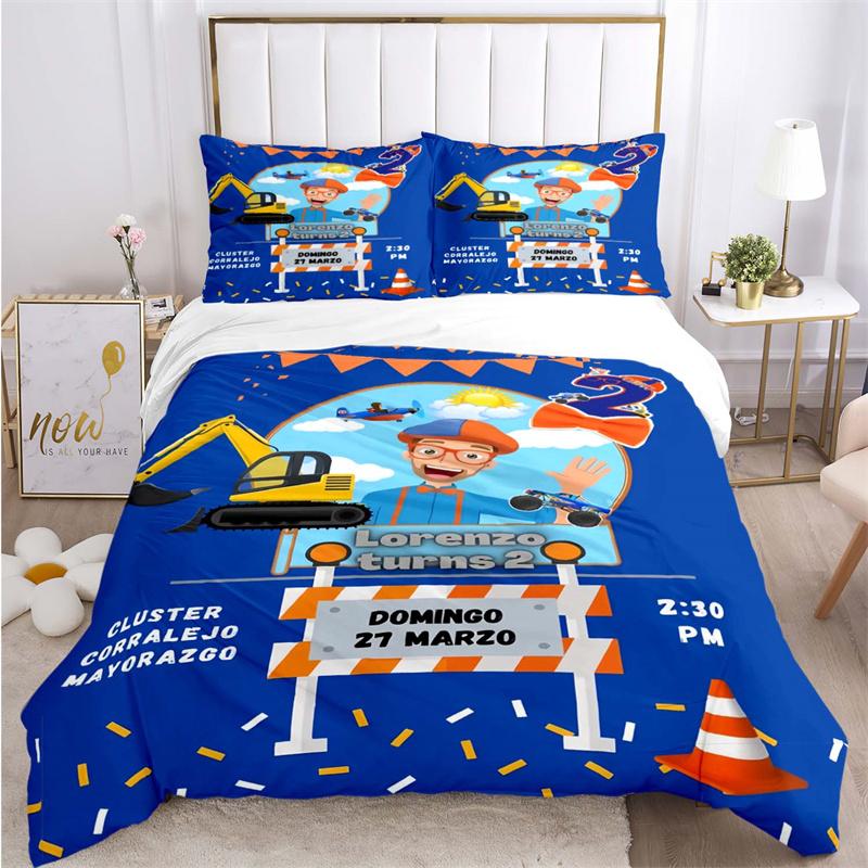 Blue Kids Character with Vehicles Bed Linen Set, Soft Boys Bedroom Birthday Themed Bedding(1 * Duvet Cover + 2 * Pillowcase, Without Core)
