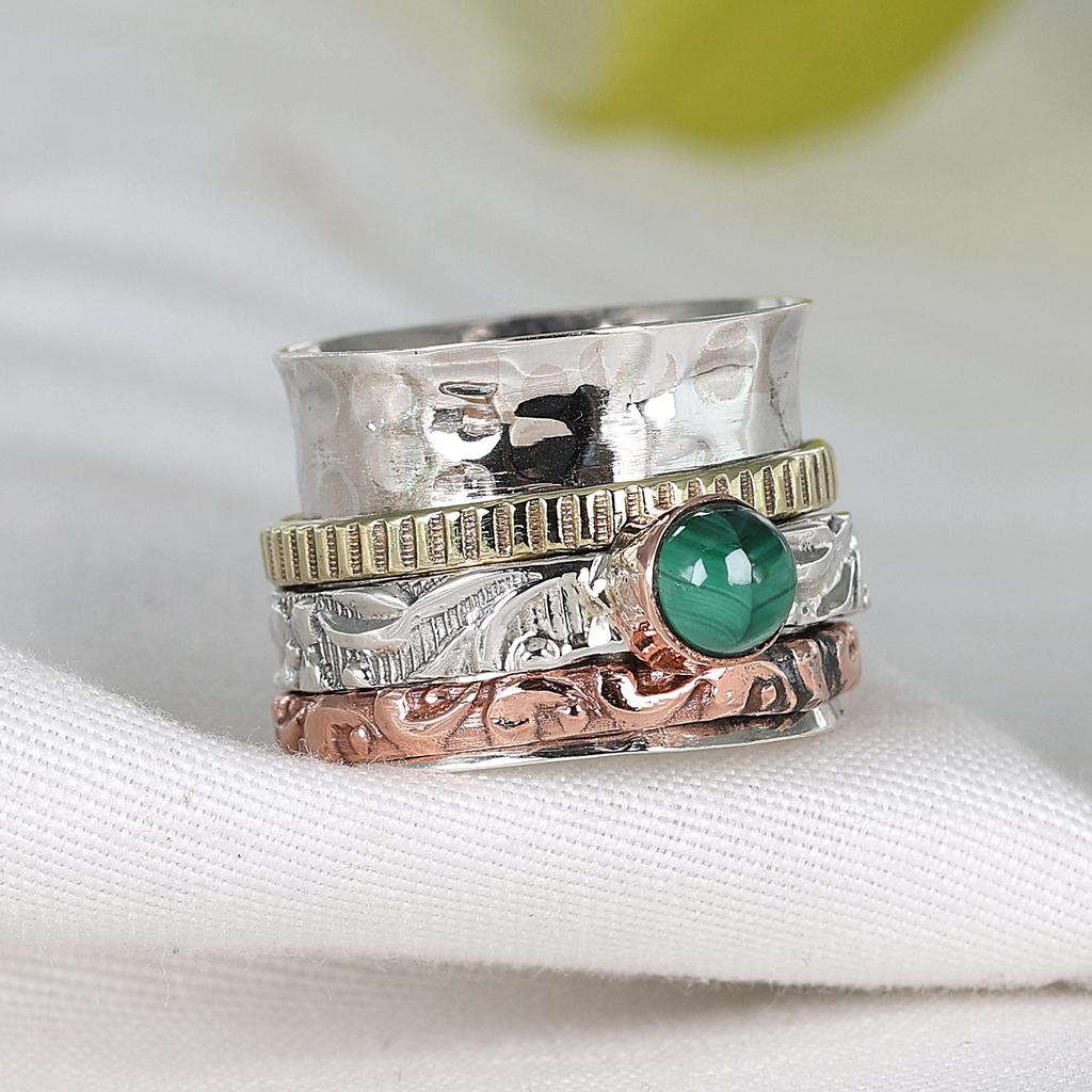Sterling Silver Malachite Ring, Meditation Spinner Ring, Fidget Anxiety Ring, Gift For Her