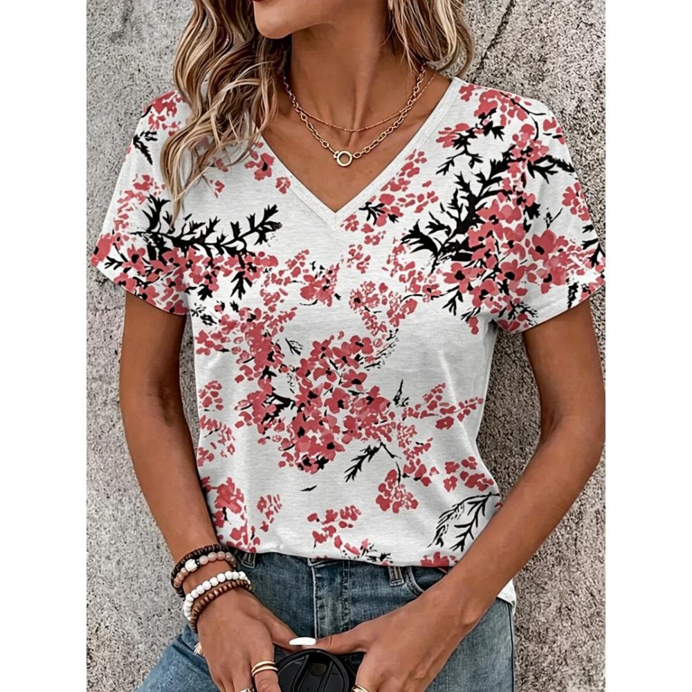 Women's Geometric Striped Print Bohemian Vintage T-shirt, V Neck Short Sleeve, Casual Daily