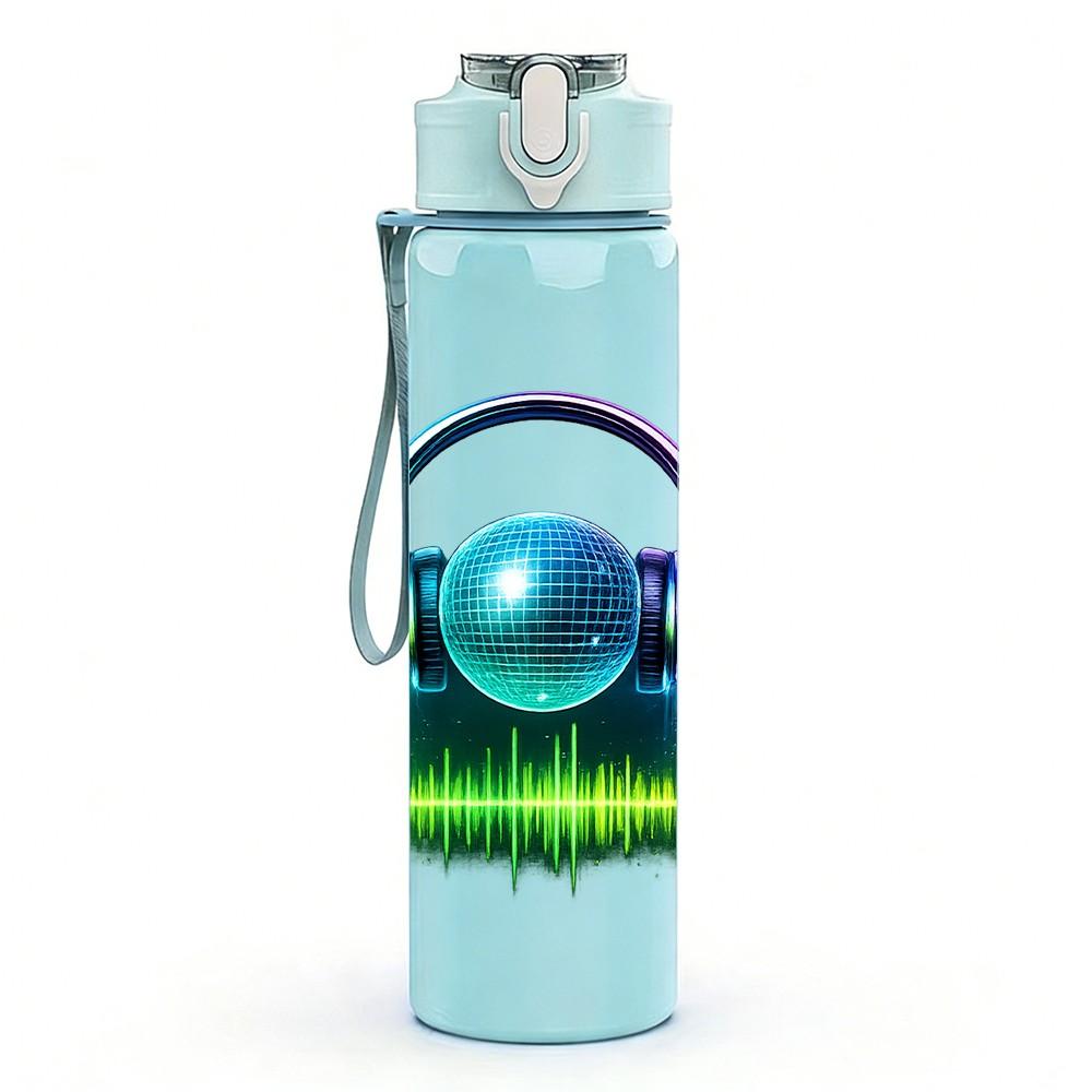 1PC Headphone Music Wave Sound Print 750ml Color Plastic Sports Water Bottle Leakproof Flip Straw Lid Suitable for Sports Office Home Use