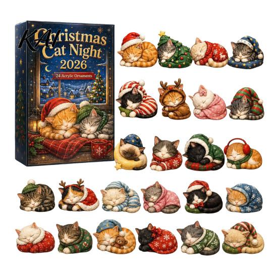 Decorative Christmas Accents Cat Advent Calendar, 24 Day Countdown with Cute Ornaments, Calendar 2D Acrylic Kitty Holiday Decorations, Gift for