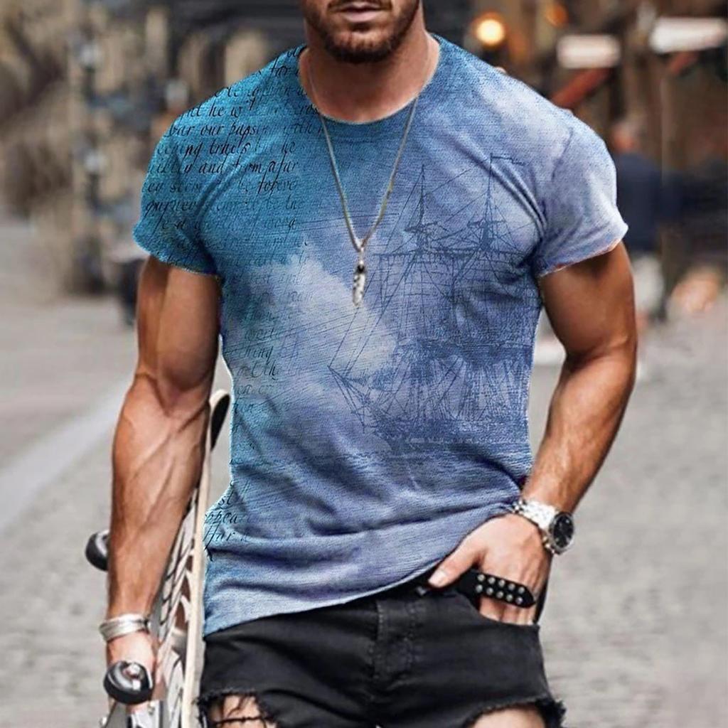 Men's Summer Casual 3D Printed Short Sleeve Round Neck Top T-shirt Blouse