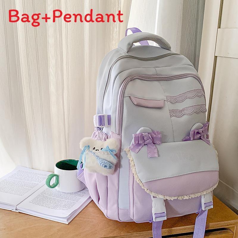 Unisex Nylon Bow Travel Backpack With Color Block Pattern And Compartment Laptop