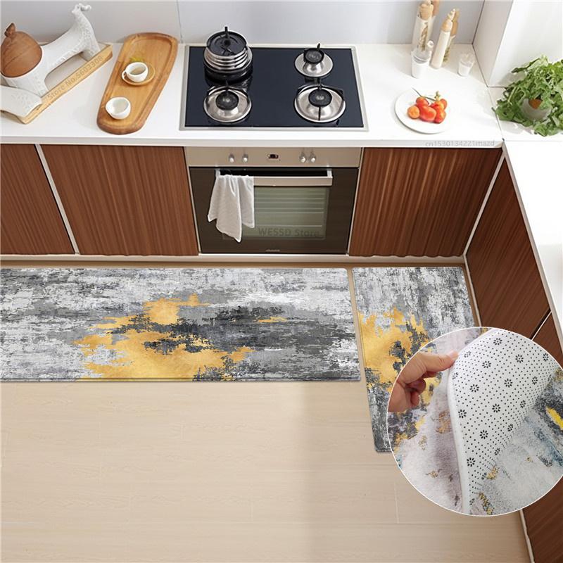 Soft Velvet Kitchen Rug Set With Abstract Print Non-slip Absorbent  Washable Doormat Bathroom Floor Mat