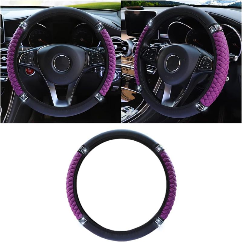 Universal Car Steering Wheel Cover 37-38cm Leather Embroidered Color Diamond-Studded Elastic Four Seasons Steering Wheel Cover