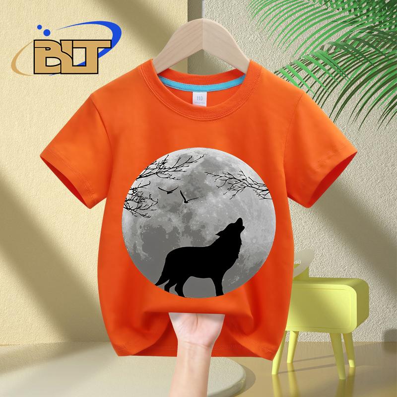 Howling Wolf printed kids Tshirt summer childrens pure cotton shortsleeved casual tops boys and girls gifts