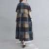 Women Cotton and Linen Dress Vintage Plaid Print O Neck Half Sleeves Side Pockets Robes Casual