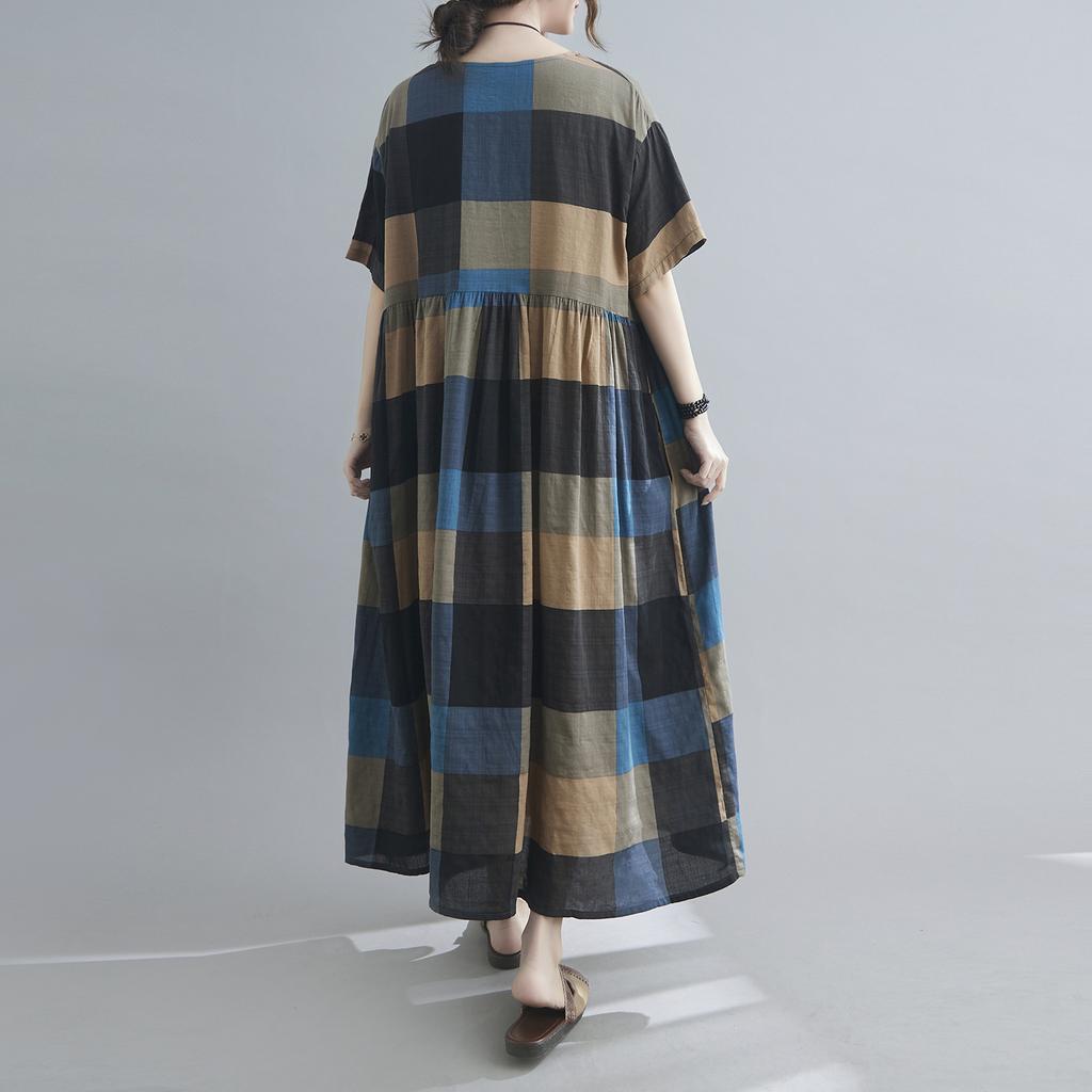 Women Cotton and Linen Dress Vintage Plaid Print O Neck Half Sleeves Side Pockets Robes Casual