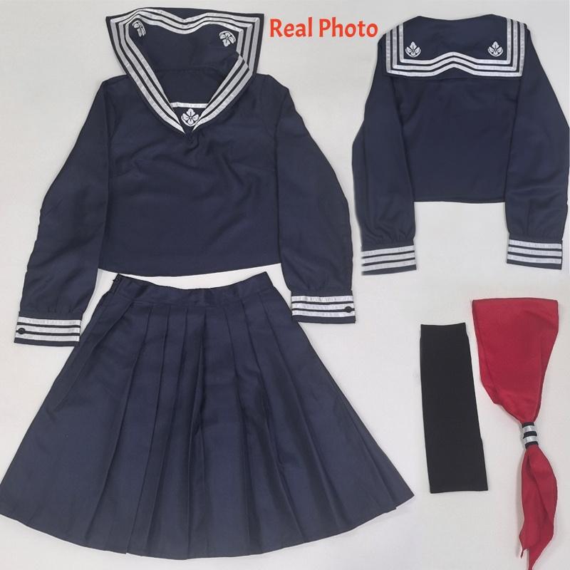 Hinako Shimizu Cosplay Costume Wig Mask Blood Red Navy Blue Silent School Uniform Game Roleplay Halloween Outfits Party JK Dress