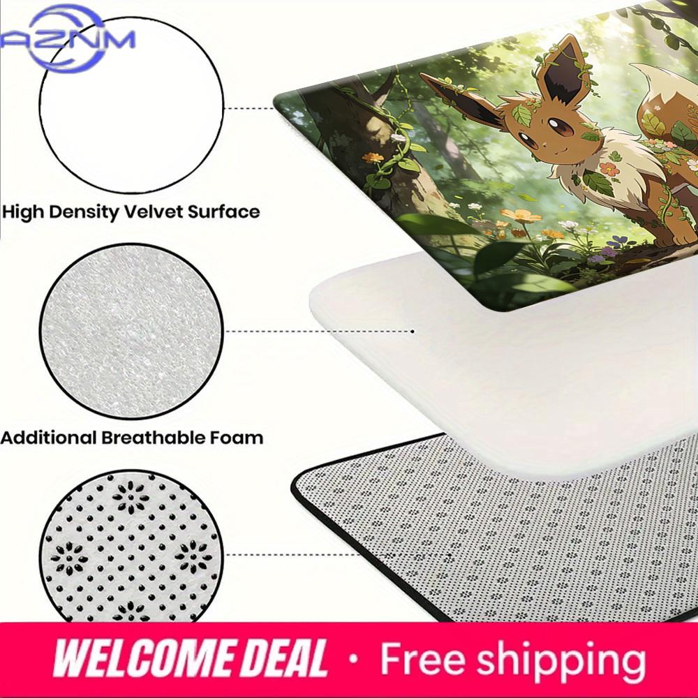 Cute Eevee Covered with Leaves and Flowers in Sunlit Forest Print Non-slip Doormat, Soft Absorbent Floor Rug for Home Decor