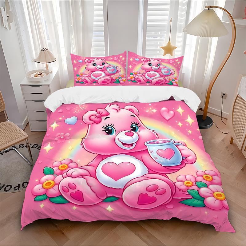 Pink Heart Bear Rainbow Print 3Pcs Bedding Setduvet Cover With 2 Bedropillowcase Home Birthday Gift