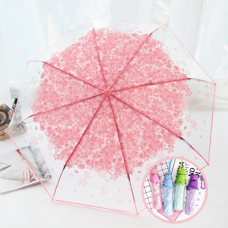 Korean Style Umbrella Folding Cute Goddess Small Fresh Simple Forest Style Three Fold Cherry Blossom Transparent Umbrella