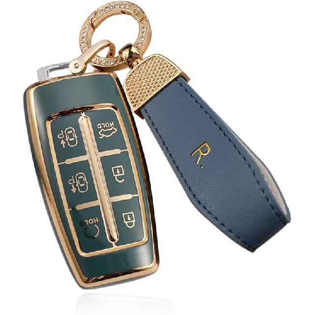 SANRILY Goldrand 6-Tasten Schlüsselanhänger Hülle für Genesis GV70 2021 2022 G90 G70 G80 GV80 Keyless Vollschutz Schlüsselanhänger Hülle mit Leder Schlüsselanhänger