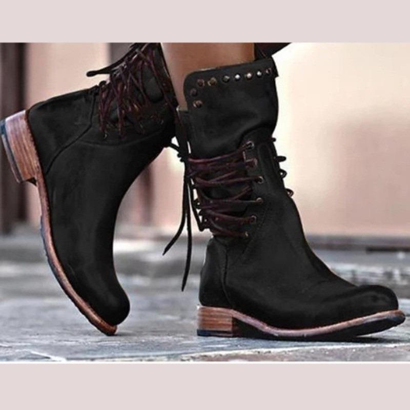 

Новые модные ботинки средней высоты с круглым носком, рукавом, шнуровкой, заклепками, нескользящим блочным каблуком, одинарная обувь 43