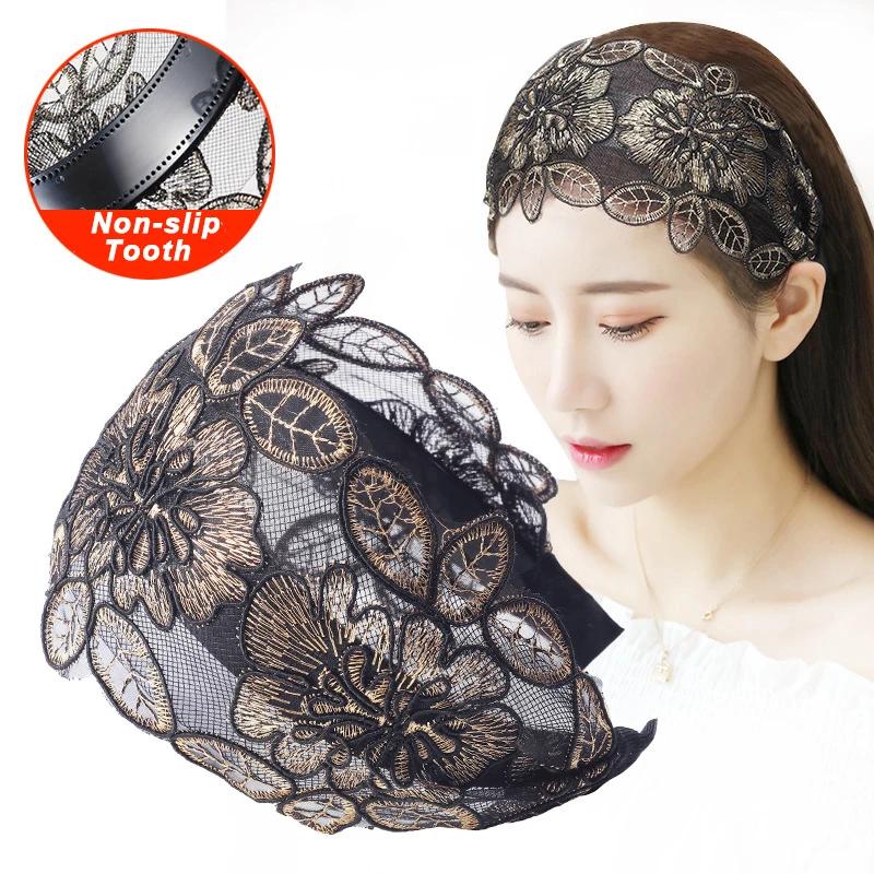 Spitzenblumen-Stirnband, breites Haarband für Frauen, gezahnt, rutschfest, elastisch, Haarband, Lünette, Haarschmuck, Kopfschmuck