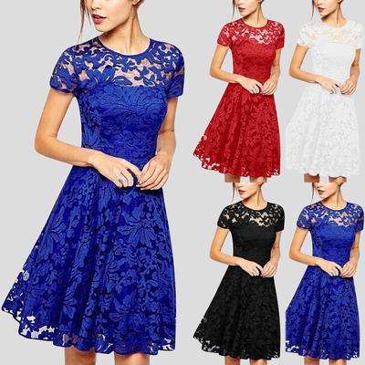Sommerkleid für Damen, lässig, einfarbig, O-Ausschnitt, seitlicher Reißverschluss, kurze Ärmel, Nähte, Spitze, A-Linie