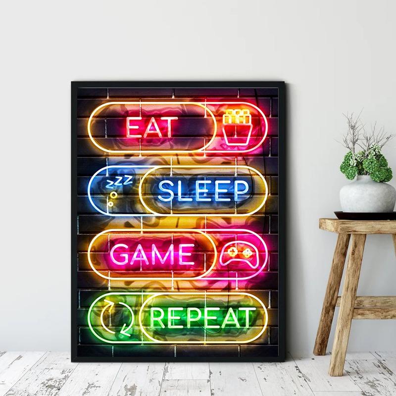 Gaming Colorful Line Art Poster Canvas Printing Decor Play Game Quotes Wall Decor for Gaming Room Boys Room Decoration Line Art
