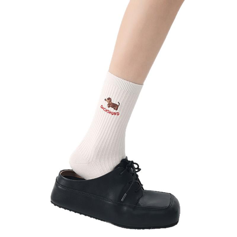 Renaissance Women's College Style Mid-Calf Socks, Solid Color with Panda Embroidery, Thin and Breathable for Spring and Autumn