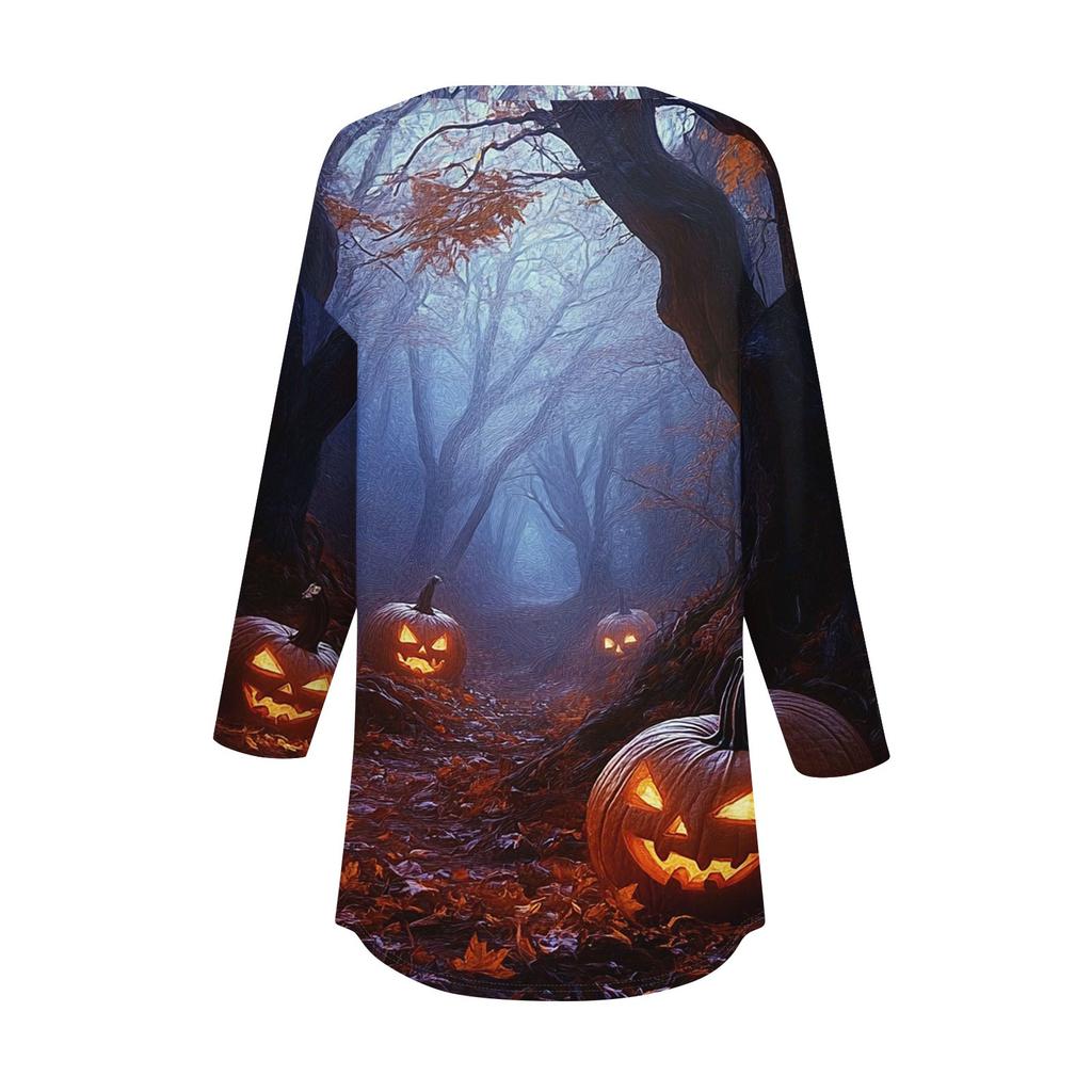 Women's Fashion Loose Button Collar Halloween Print Long Sleeve T-Shirt Top Pullover
