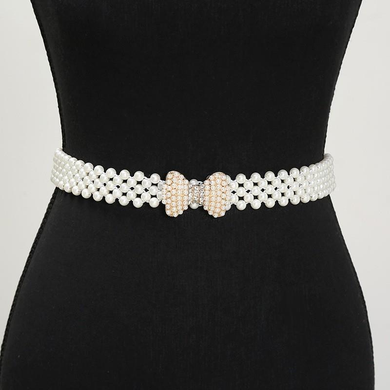 Ladies' Elastic Thin Waistband With Pearl  Waist Chain Simple Korean Style Drawstring Belt Women Apparel Accessories
