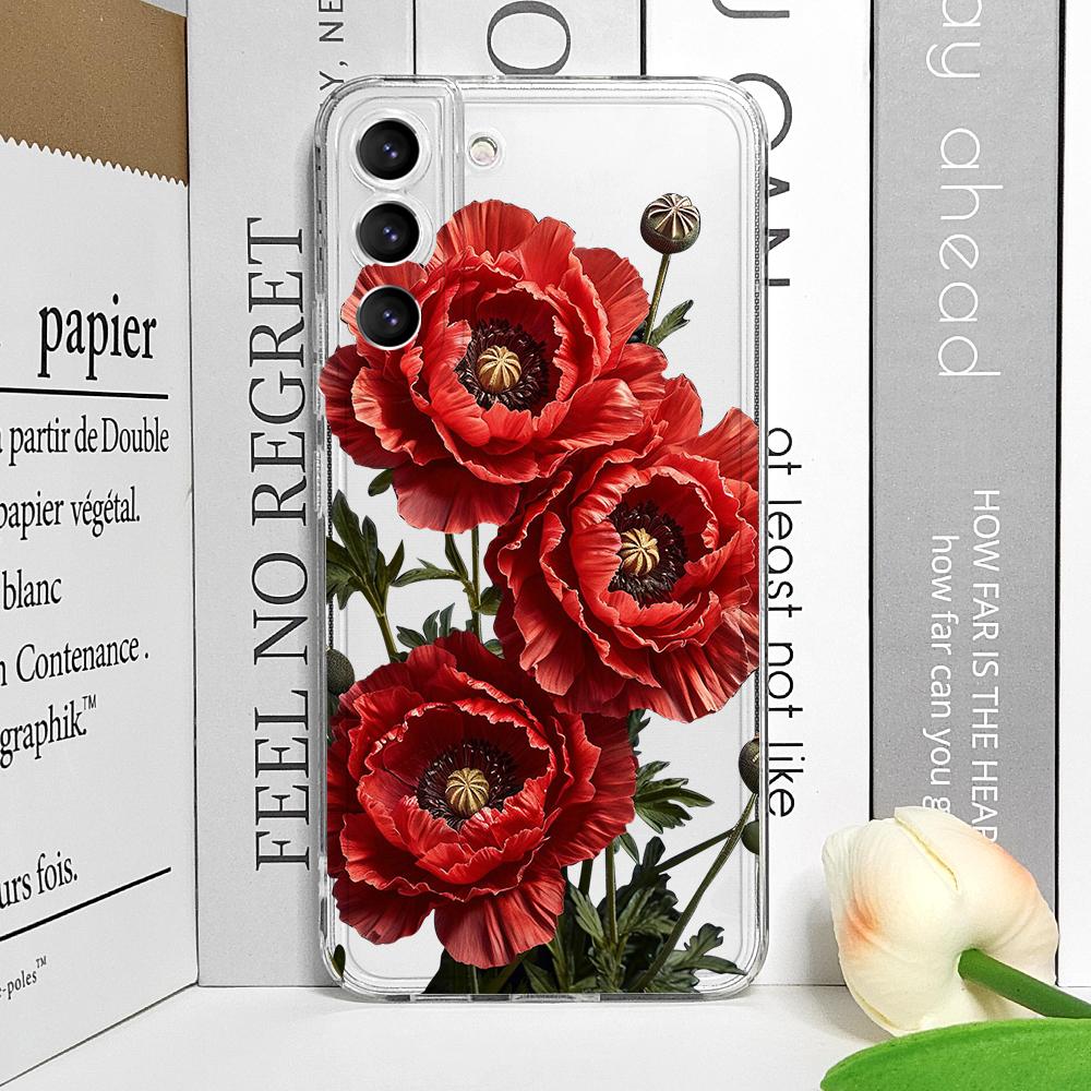 

Poppy Flower Bloom Hot Red Floral Print Clear Phone Case for Samsung Galaxy S26 S25 Ultra S24 S23 S22 Plus S21 FE S20 Soft Cover Galaxy S22 5G