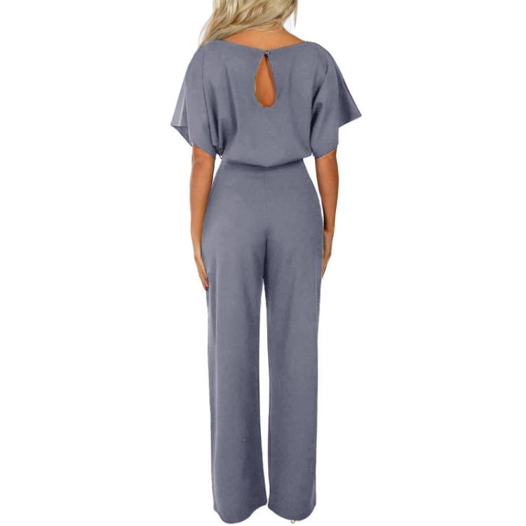 Elegant Women Slimming Jumpsuit with Batwing Short Sleeve and Lace Up Waist Solid Color Commuting Pantis Fashion Outfit