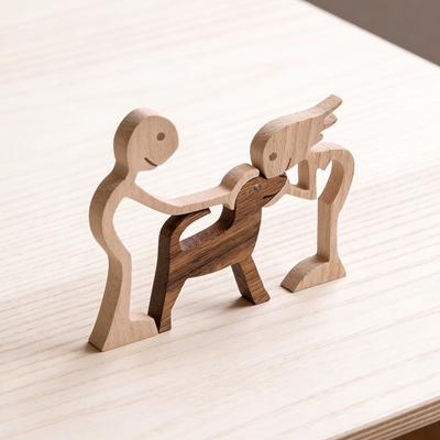 Figurine humaine et chien sculptée à la main en bois Statue faite à la main en bois Hommes Femmes Chiot pour Bureau Décoration de Maison Sculpture Décorative pour Amoureux des Chiens
