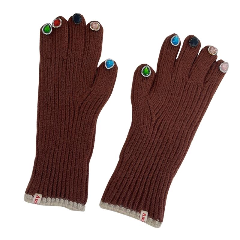 

Перчатки со стразами, женские вязаные перчатки с декором из стразов на кончиках пальцев, зимние теплые перчатки с длинными пальцами, роскошные варежки коричневый