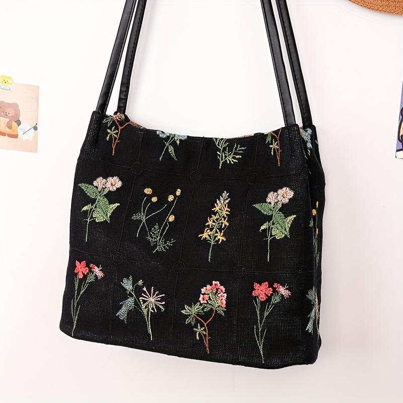Floral Embroidery Shoulder Bag Vintage Daily Bucket Bag Fashion Handbags For Women