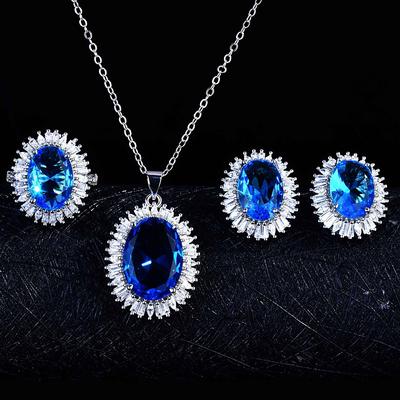 Clássico Azul Cristal Topázio Diamantes Pedras Preciosas Festa Conjuntos de Jóias para Mulheres Pingente Brincos Anéis Casamentos Acessórios Presentes