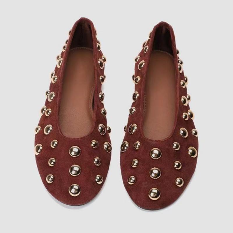 2025 New Style Rivet Round Head Flat Shoes Designer Luxury Solid Color Ballet Flat Mary Jane Slip On Soft Soled Women Flat Shoes