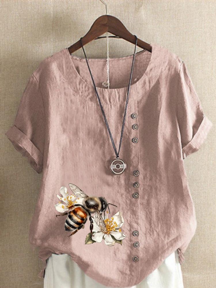 Women's Fashion Bee Flower Print Shot Sleeve T-shirt Loose Cotton Shirt Casual Loose Summer Blouse Tops Plus Size