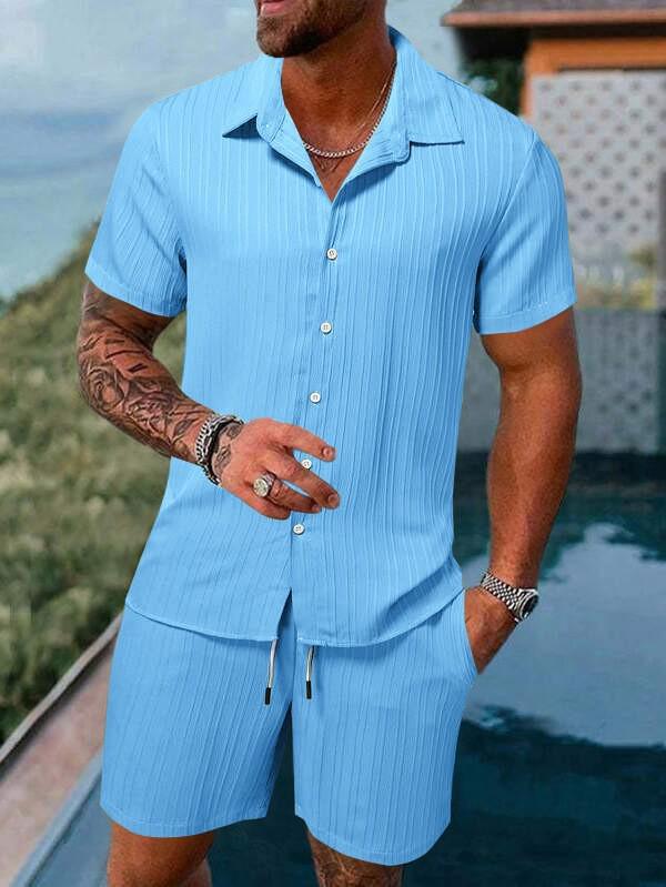 Europäisch-Amerikanisches Sommer Herren Freizeit Baumwoll-Leinen Hemd & Shorts Set XXL hellblaue