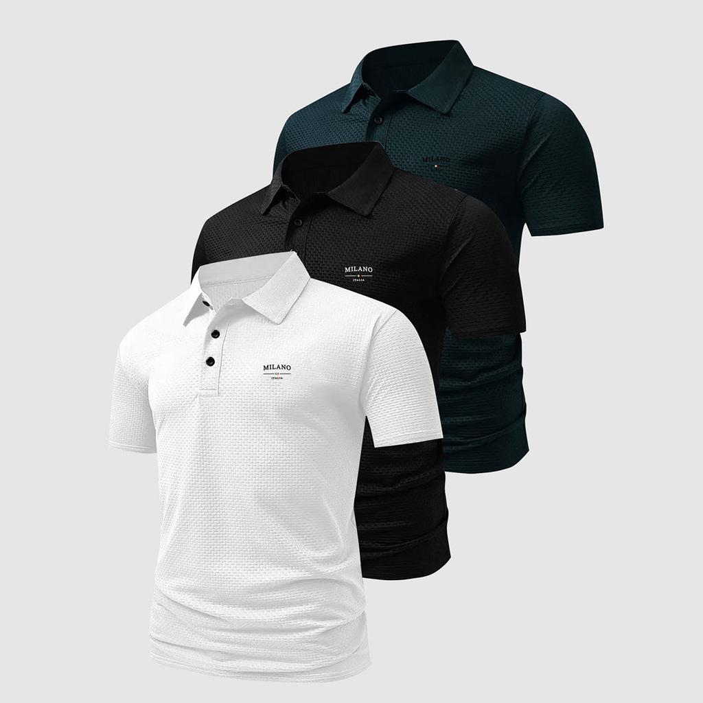 Herren 3er-Pack Waffelstrick Poloshirts MILANO Print Lässige Kurzarmtops Weich Dehnbar Tägliche Kleidung